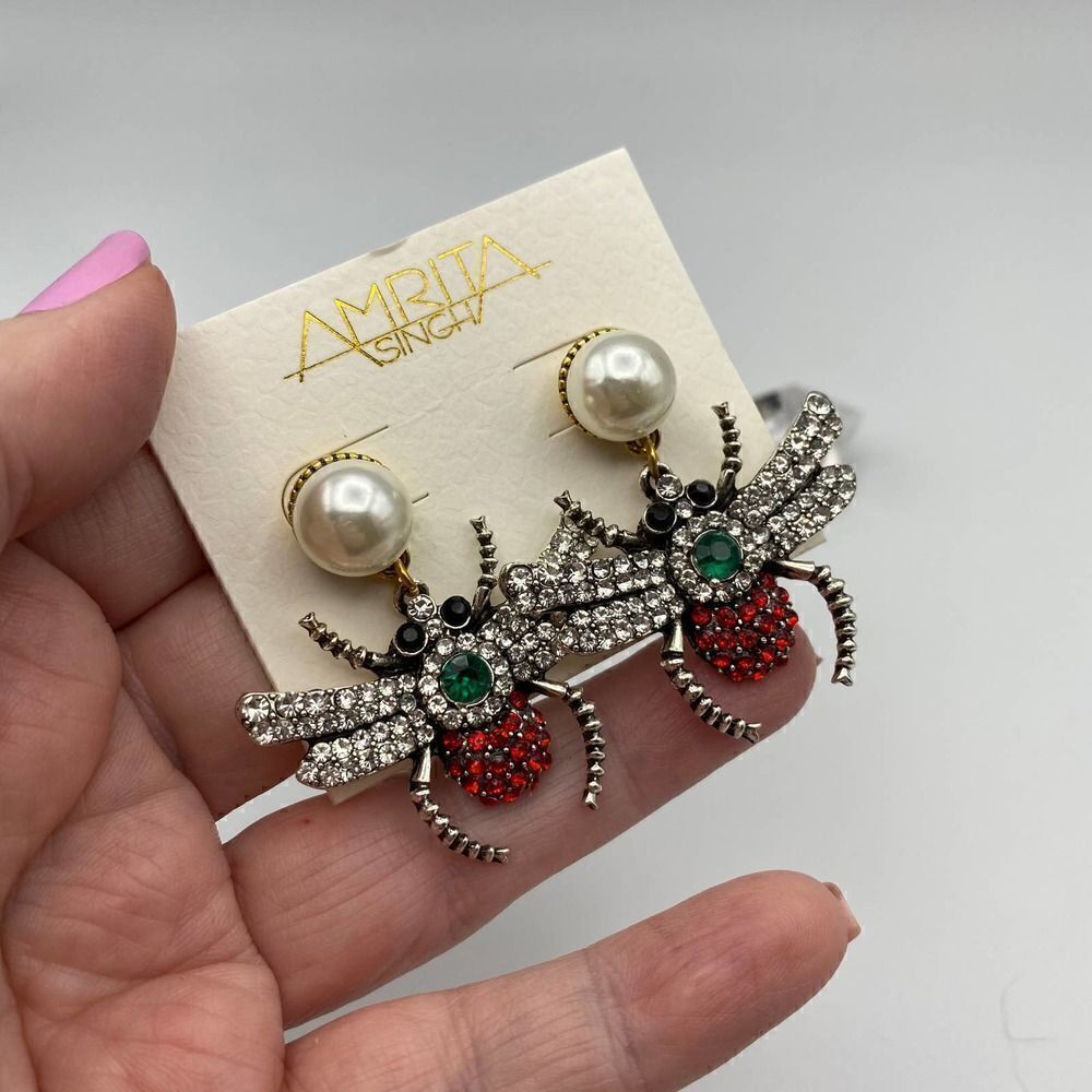 Amrita Singh Pearl & Multi Crystal Insect Statement Earrings
